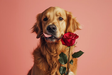 A curious golden retriever, gently licking its lips, holding a red rose in its paw, set against a soft peach fuzz-colored background