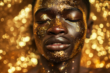 Man's face covered in a luxurious, golden-hued oil, depicting the elegance and richness of high-end skincare products