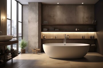 Modern bathroom interior design with bathtub - 3D visualization. Generative AI