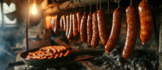 Smoked sausages hanging in smokehouse, a traditional delight.
