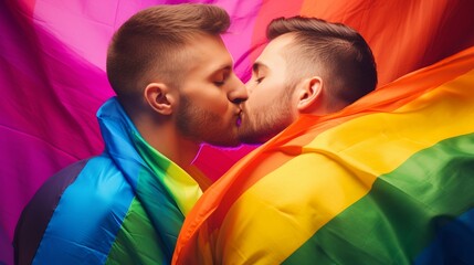Gay Men Kissing With Pride Flag.  (Generative AI).