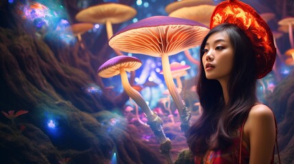 Obraz na płótnie Canvas Young Asian Woman On A Magic Mushrooms Trip (Generative AI).