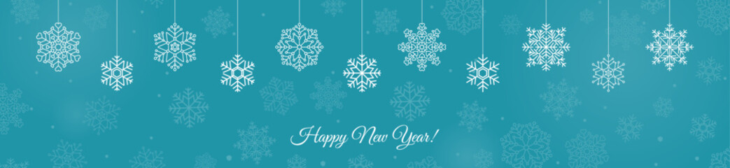 Happy new year blue banner design with snowflake vector illustration. Winter holidays concept card design to use for new year, christmas cards, winter banner advertising, holiday greetings. 