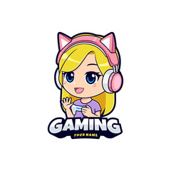 Cute blonde gamer girl logo mascot vector graphic for streamer