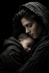 Emotional Mother and Baby Portrait. Tenderness and Enduring Connection in a Subdued Color Scheme
