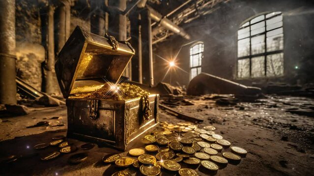 Open treasure chest with gold , animation 4k