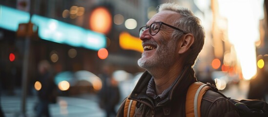 A middle aged man feels immense joy while walking in the city, upon receiving positive news.