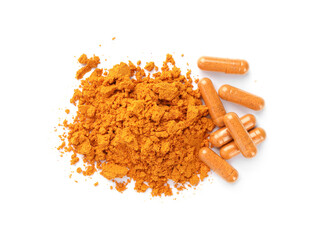 Aromatic turmeric powder and pills isolated on white, top view