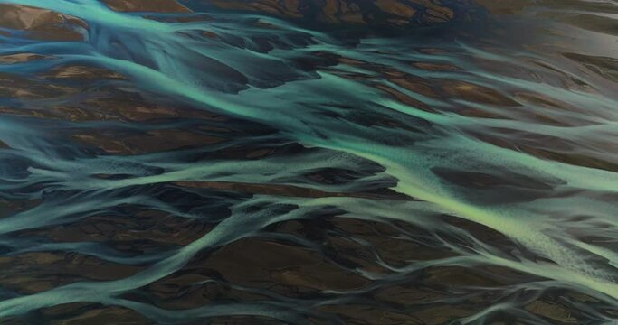 Abstract Details Of Like-Veins Landscape Of Kálfafell River Braids In Iceland. Aerial Shot