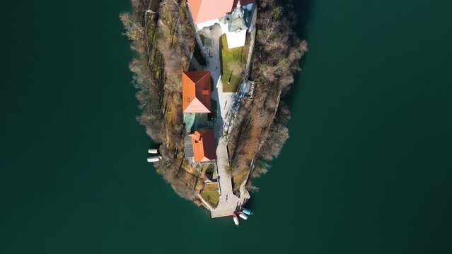 Top Down Aerial View of Lake Bled, Slovenia. Amazing Drone Perspective