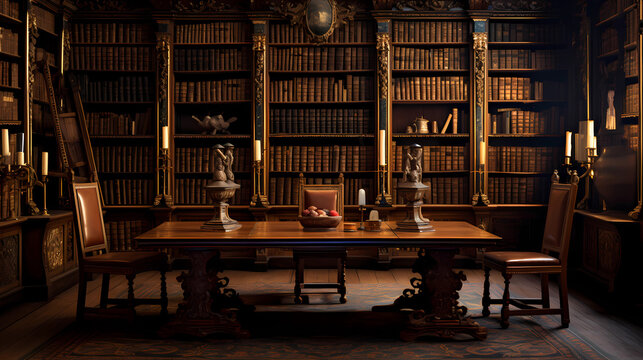 Deserted Library Reading Room with Antique Wooden Tables