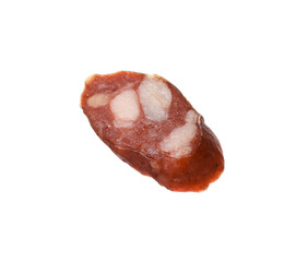 Piece of thin dry smoked sausage isolated on white