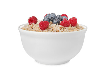 Tasty boiled oatmeal with berries in bowl isolated on white