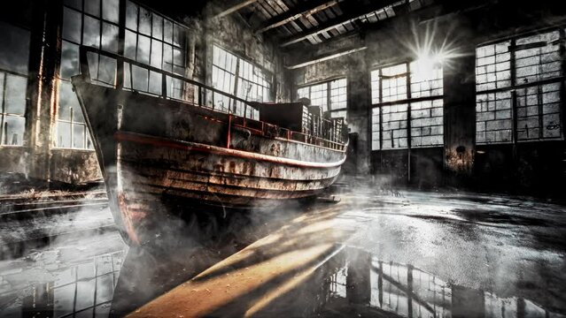 old rusty boat, in the factory , wreck , factory , smoke ,animation , wallpaper , video animation ultra HD 4K