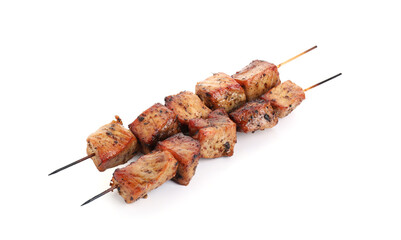 Skewers with delicious shish kebabs isolated on white, above view