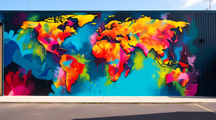 Street art mural of a world map 