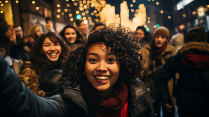 A group of young people of various nationalities take to the streets to celebrate. In the foreground a beautiful girl with curly hair. Fireworks lights in the background. AI Generative. - obrazy, fototapety, plakaty