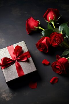 photo of gift box and red rose, Valentine's Day theme, dark background, copy space - generative ai