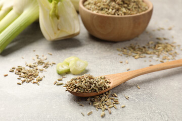Spoon with fennel seeds and cut vegetable on light gray table, closeup