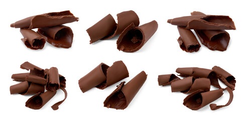 Many chocolate curls isolated on white, collection