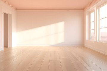 Fototapeta na wymiar empty white room with wooden floor with light from window shining on it