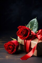 photo of gift box and red rose, Valentine's Day theme, dark background, copy space - generative ai