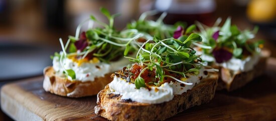 Homemade cream cheese and organic micro greens top three toasts in the kitchen.