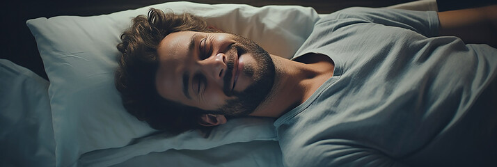 Image of a young man sleeping comfortably on a cozy bedding.