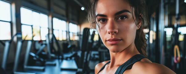 Fototapeta premium Confident young woman with a determined expression standing in a gym, ready for a workout session.