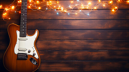 Guitar with cute illuminated decoration on wood grain background.