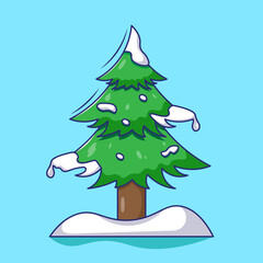 Pine tree cartoon vector illustration with snow on branches. flat design cartoon for winter collections