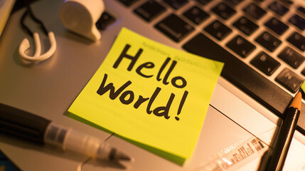 A bright yellow post-it note with 'Hello World!' written on it, placed on a laptop keyboard in a warmly lit workspace.