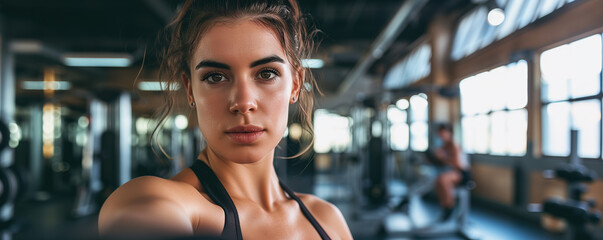 Determined woman with a focused expression wearing sports attire in a gym, portrait with soft indoor lighting.