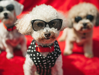 A fashionable white poodle with sunglasses and a polka dot scarf, with blurred poodles in the background.
