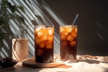 Refreshing summer beverage and iced coffee on a see-through backdrop. Generative AI