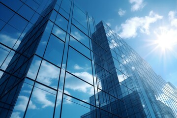 Skyline of modern glass office building reflecting blue sky, symbolizing futuristic architecture and capturing sunlight. 3D render. Generative AI