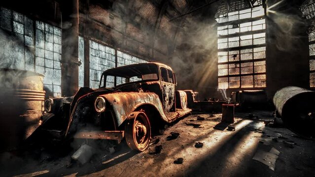 Old truck wreck , factory , smoke ,animation , wallpaper car , Video animation ultra HD 4K