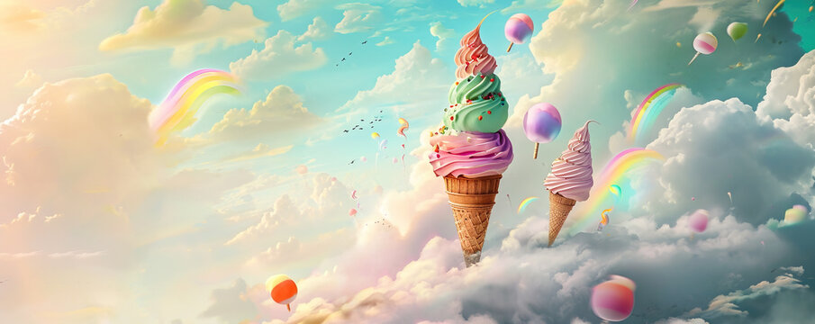 Whimsical image of assorted pastel-colored ice creams with sprinkles, floating on clouds against a sunny sky with rainbows.