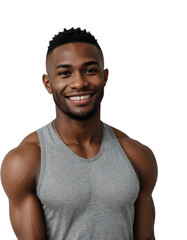 Black fitness man smiling and looking at the camera, isolated, transparent background, no background. PNG.