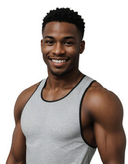 Black fitness man smiling and looking at the camera, isolated, transparent background, no...