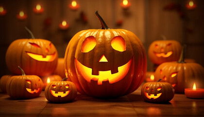 Spooky Halloween celebration pumpkin lantern, glowing candle, evil smiling face generated by AI