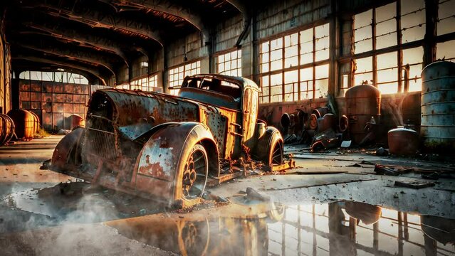Old truck wreck , factory , smoke ,animation , wallpaper car , Video animation ultra HD 4K