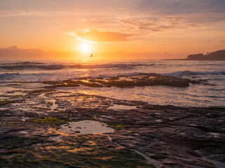Obraz premium sunrise over the sea with a bird in flight