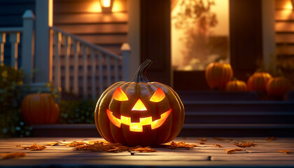 Glowing pumpkin lantern, spooky decoration, Halloween celebration, autumn season generated by AI