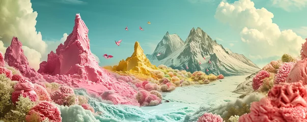 Poster Close-up of a colorful, melted ice cream landscape with textured peaks and valleys. © 22Imagesstudio