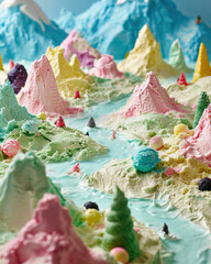 Naklejka na ściany i meble Close-up of a colorful, melted ice cream landscape with textured peaks and valleys.