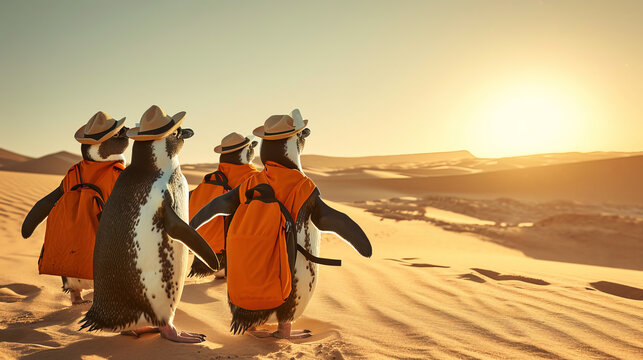 Penguins dressed as tourists in a desert.