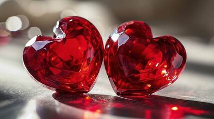 Two red glass hearts on a silver background. Close-up.