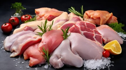 Different types of raw chicken meat on a rough black concrete background