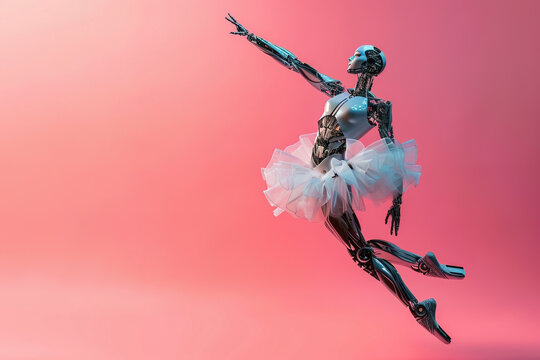 A robotic ballerina with mechanical joints strikes an elegant ballet pose against a pink background, blending art and technology.